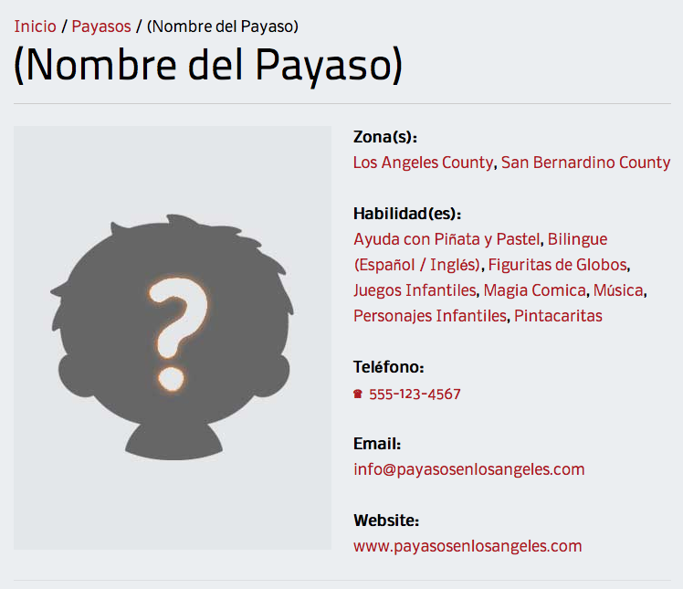 Ejemplo de Micrositio de Payaso en PayasosenLosAngeles.COM